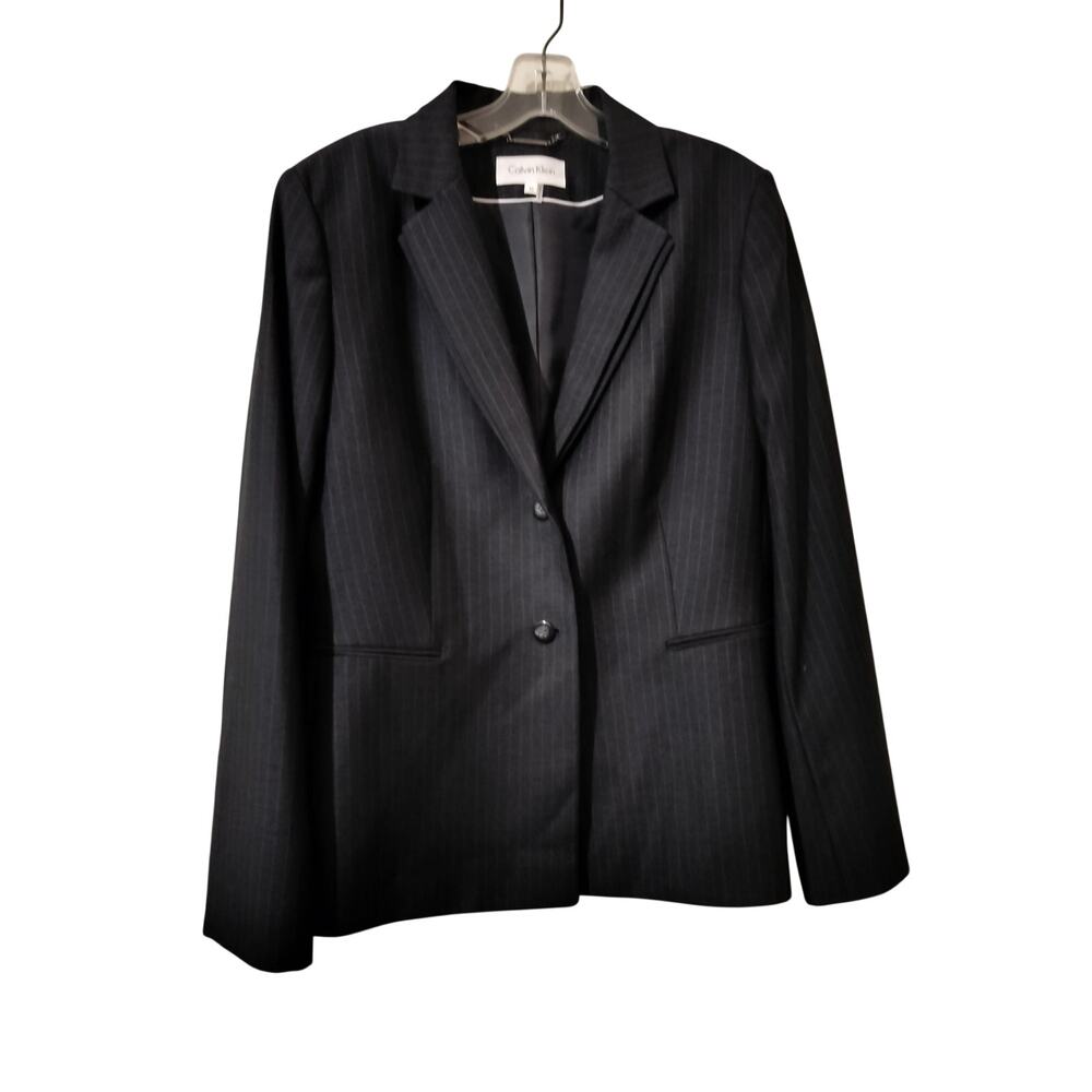 5959) Calvin Klein Charcoal Pinstripe Two Button Business Office Blazer Size 16